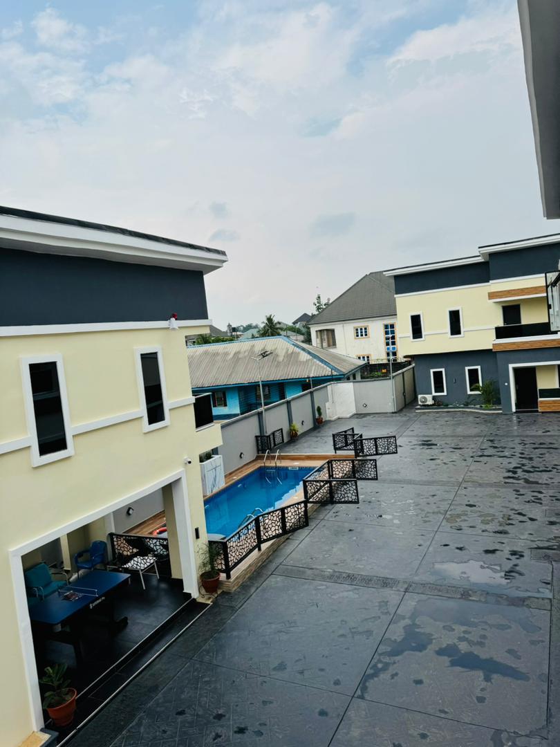 The pool terrace in the evening, seen from above